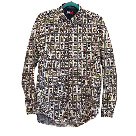 Vintage Tommy Hilfiger World Flag All Over Print Shirt Mens Size L Button Up - Picture 1 of 9